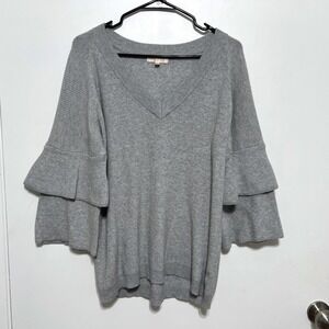 Skies Are Blue Gray V Neck Tiered Bell Sleeve Sweater Size L Rib Knit Pullover
